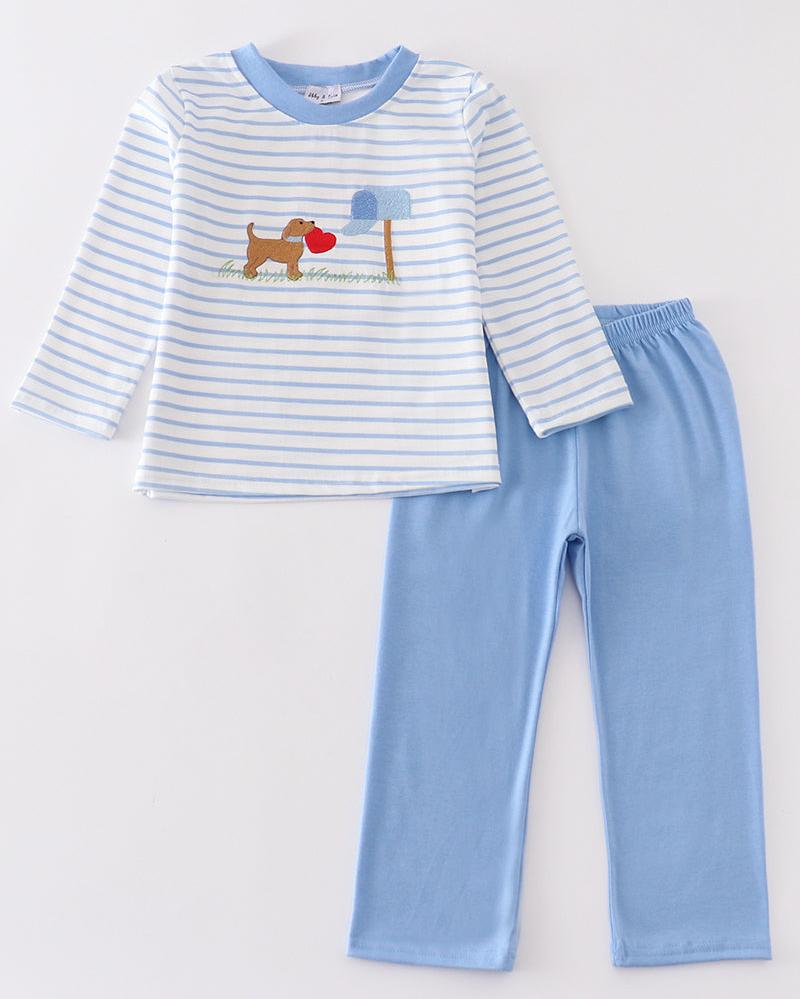 Blue Valentine Puppy Embroidered Boy Set