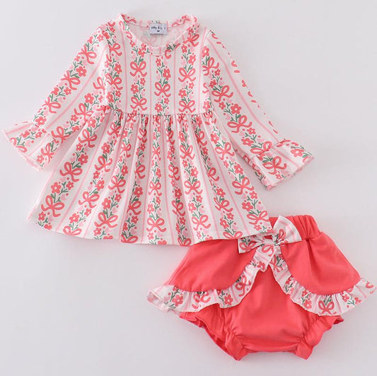 Val Floral Bow Print Girl Bloomers Set