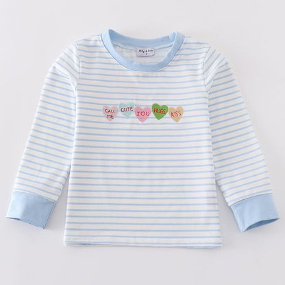 Valentine Heart Embroidered Blue Stripe Boy Top