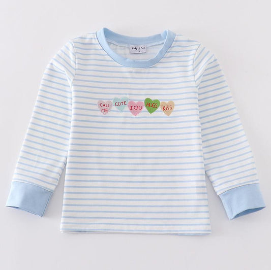 Valentine Heart Embroidered Blue Stripe Boy Top