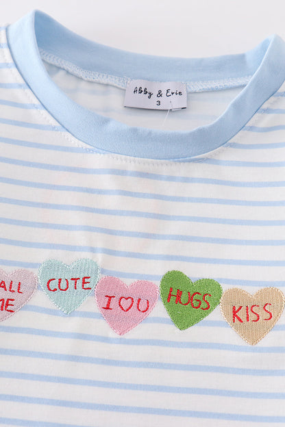 Valentine Heart Embroidered Blue Stripe Boy Top