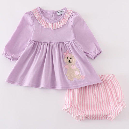 Valentine Puppy Embroidered Purple Girl Bloomer Set