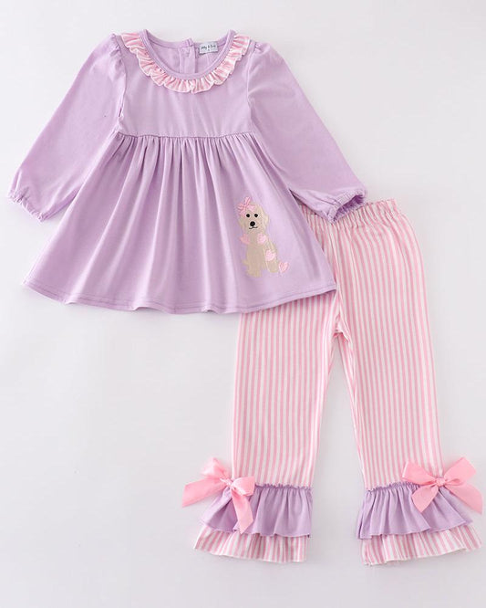 Valentine Puppy Embroidered Purple Girl Set