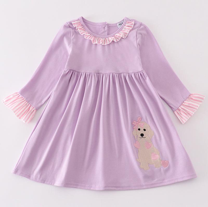 Valentine Puppy Embroidered Purple Dress