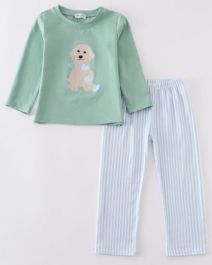 Valentine Puppy Embroidered Green Boy Set