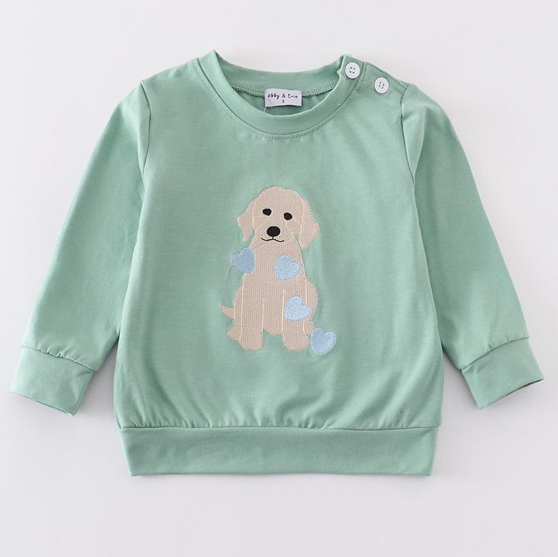 Valentine Puppy Embroidered Green Boy Top