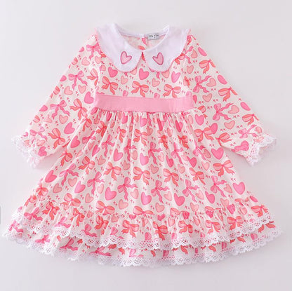 Pink Heart Bows Embroidered Ruffle Dress