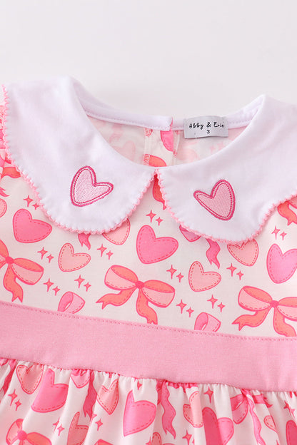 Pink Heart Bows Embroidered Ruffle Dress