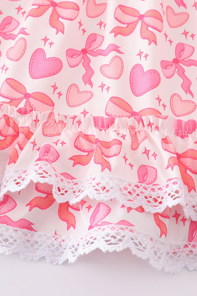 Pink Heart Bows Embroidered Ruffle Dress