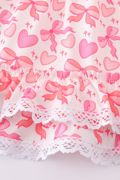 Pink Heart Bows Embroidered Ruffle Dress