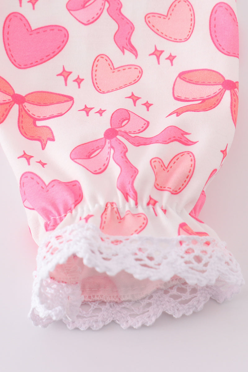 Pink Heart Bows Embroidered Ruffle Dress