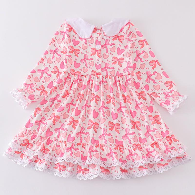 Pink Heart Bows Embroidered Ruffle Dress