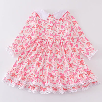 Pink Heart Bows Embroidered Ruffle Dress