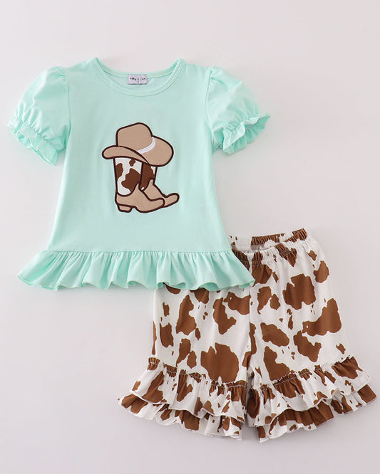 Cowboy Boot Applique Brown Cow Print Girl Shorts Set