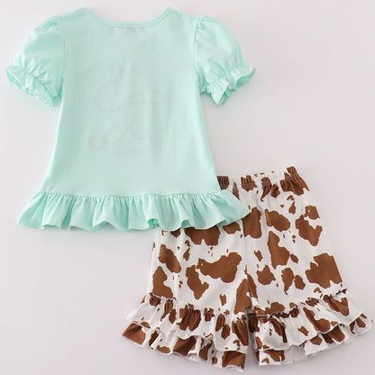 Cowboy Boot Applique Brown Cow Print Girl Shorts Set