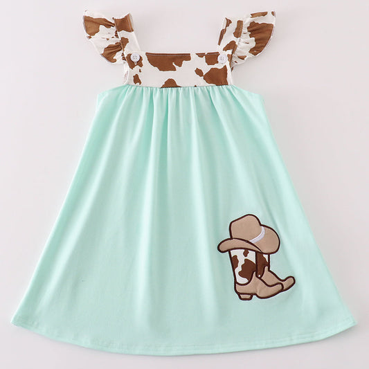 Cowboy Boot Applique Brown Cow Print Dress