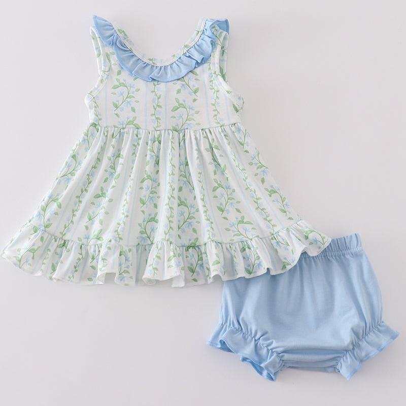 Blue Botanical Print Girl Bloomer Set