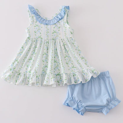 Blue Botanical Print Girl Bloomer Set