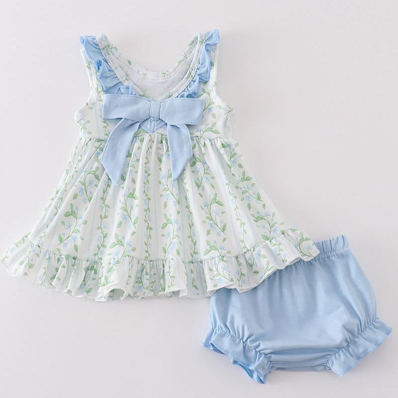 Blue Botanical Print Girl Bloomer Set