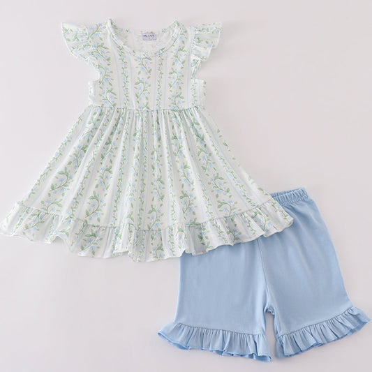 Blue Botanical Print Girl Shorts Set