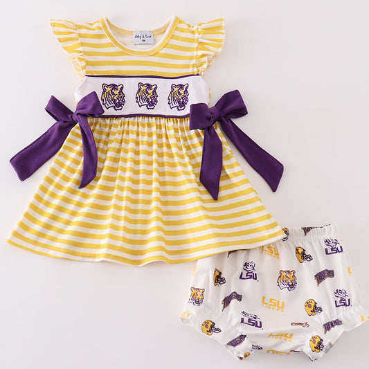 LSU Tiger Embroidered Yellow Stripe Girl Bloomers Set