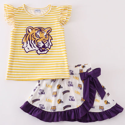 LSU Tiger Applique Yellow Stripe Girl Skort Set