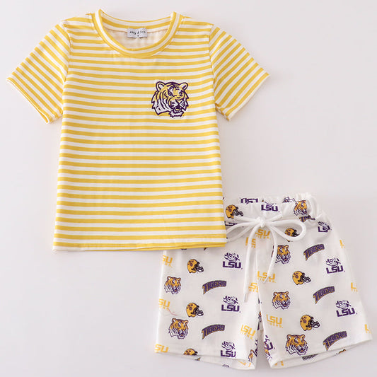 LSU Tiger Embroidered Yellow Stripe Boy Shorts Set