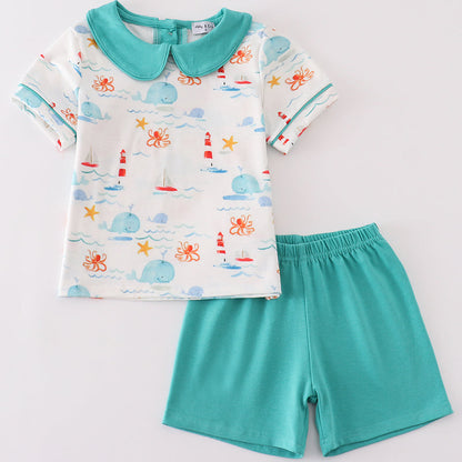 Whale Watcher Print Boy Shorts Set