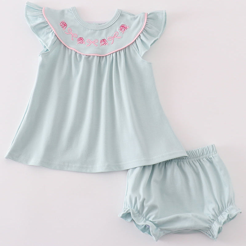 Roses + Bows Embroidered Blue Girl Bloomers Set