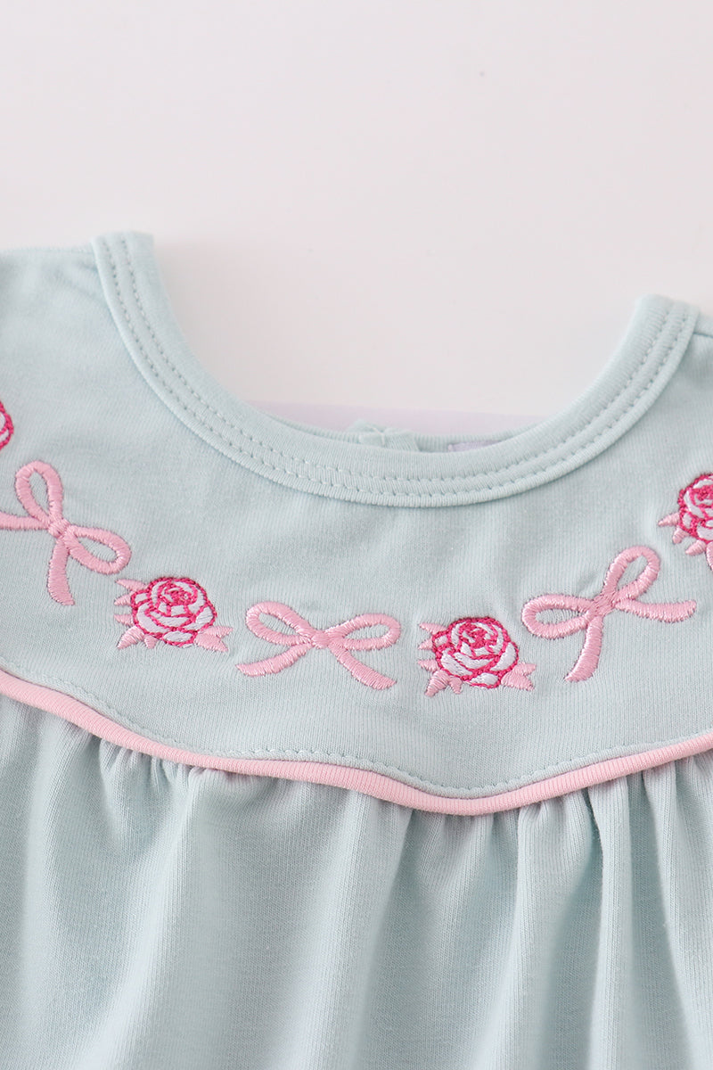 Roses + Bows Embroidered Blue Girl Bloomers Set