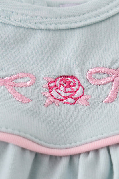 Roses + Bows Embroidered Blue Girl Bloomers Set