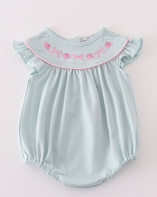 Roses + Bows Embroidered Blue Girl Bubble