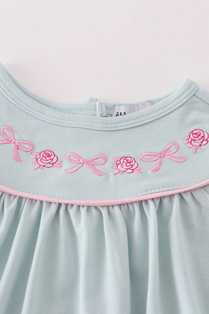 Roses + Bows Embroidered Blue Girl Bubble