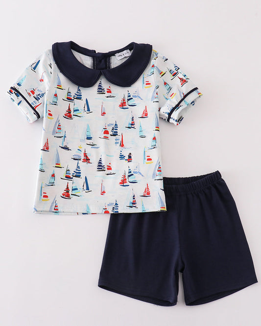 Navy Sailboat Print Boy Shorts Set