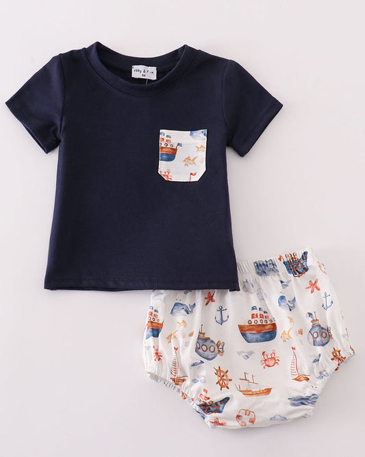 Navy Beach Print Boy Bloomers Set