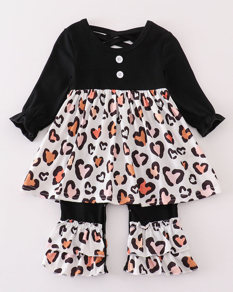 Black Leopard Heart Print Girl Romper