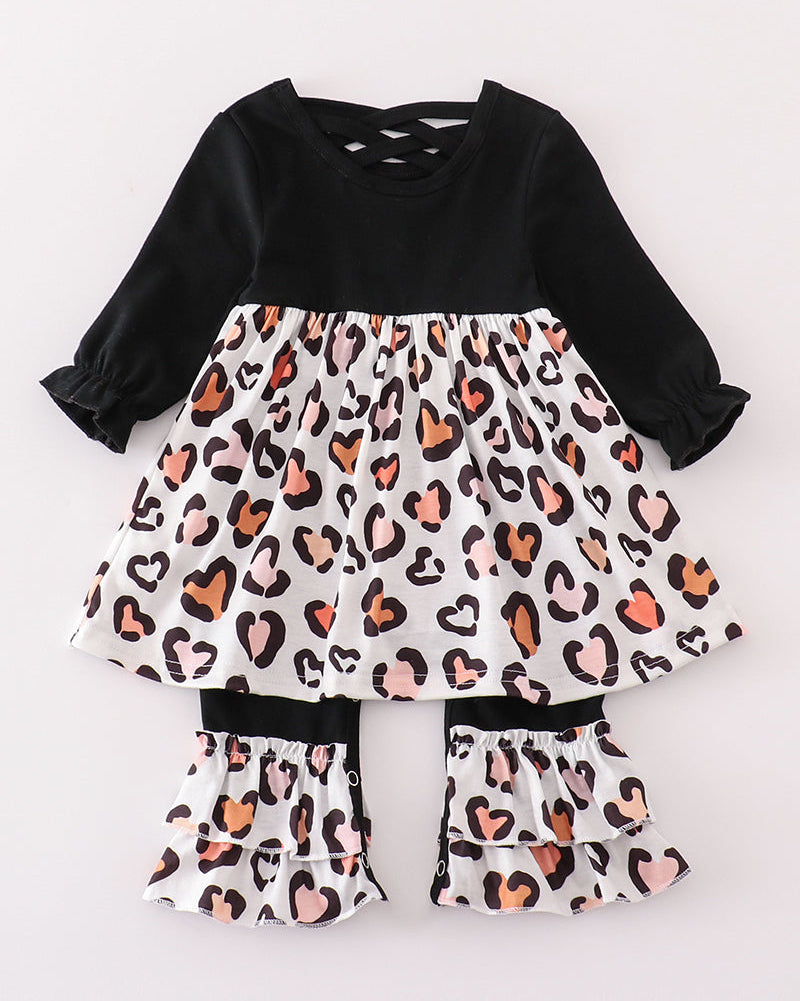 Black Leopard Heart Print Girl Romper