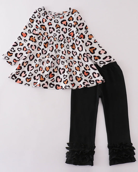 Black Leopard Heart Print Girl Pants Set