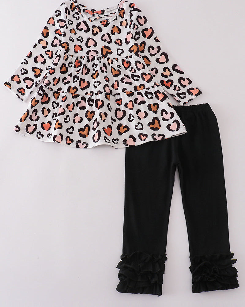 Black Leopard Heart Print Girl Pants Set