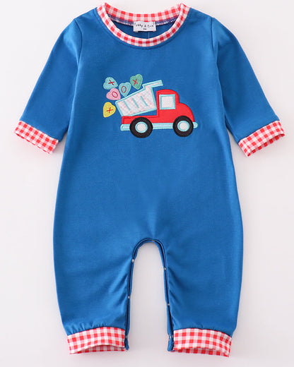 Blue Dump Truck Candy Hearts Applique Boy Romper