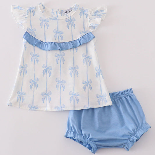 Coquette Blue Bow Ruffle Girl Bloomers Set