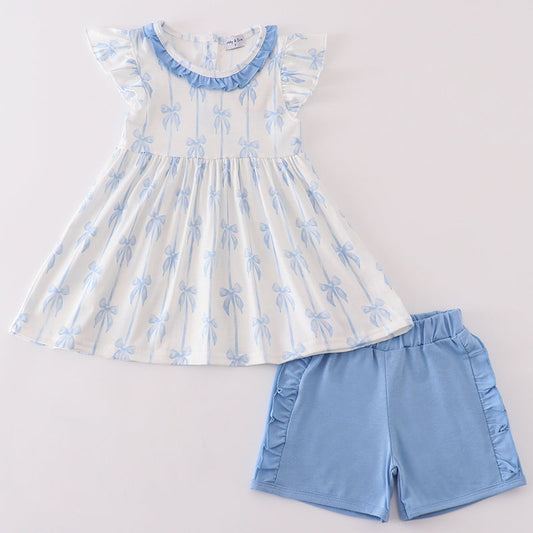 Coquette Blue Bow Ruffle Girl Shorts Set