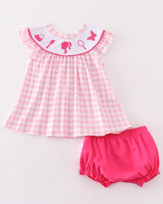 Barbie Embroidered Pink Gingham Girl Bloomer Set