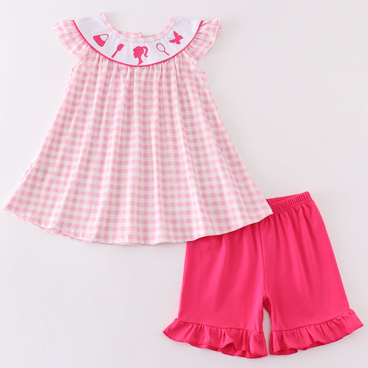 Barbie Embroidered Pink Gingham Girl Shorts Set