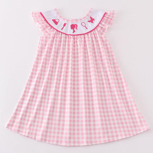 Barbie Embroidered Pink Gingham Dress