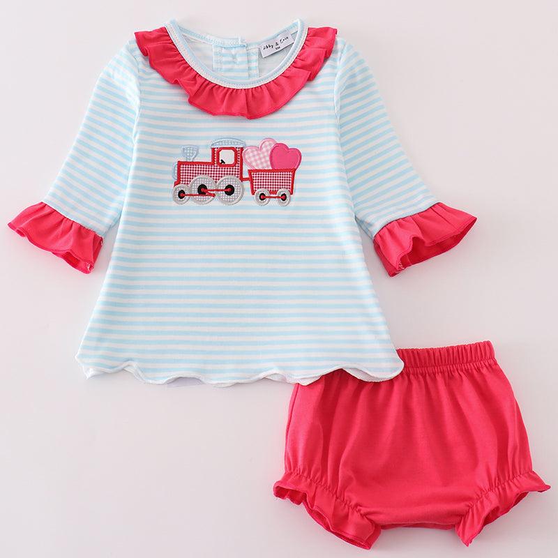 Valentine Heart Train Applique Girl Bloomer Set