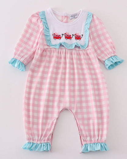 Cupid’s Cargo Embroidered Pink Plaid Girl Romper