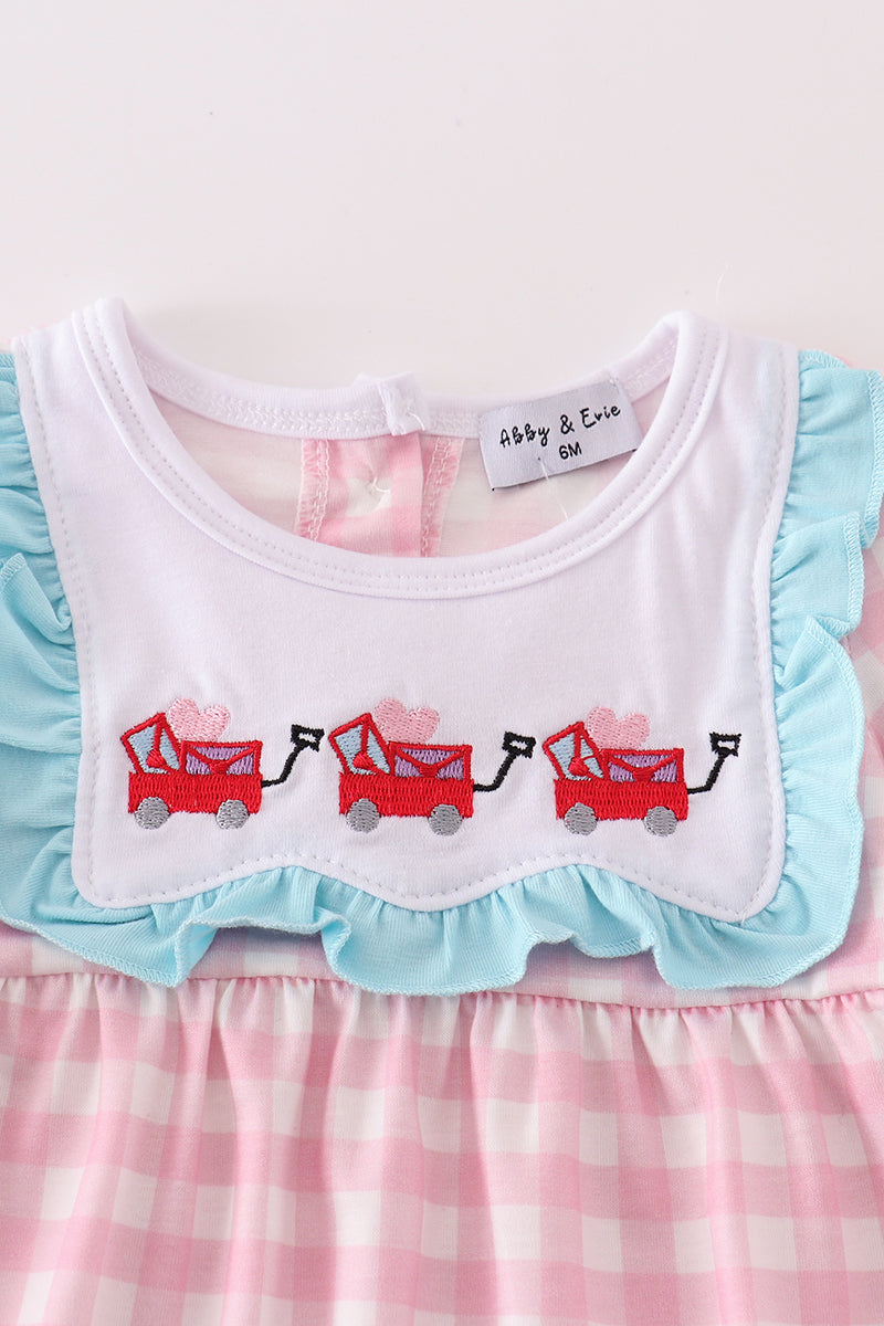 Cupid’s Cargo Embroidered Pink Plaid Girl Romper