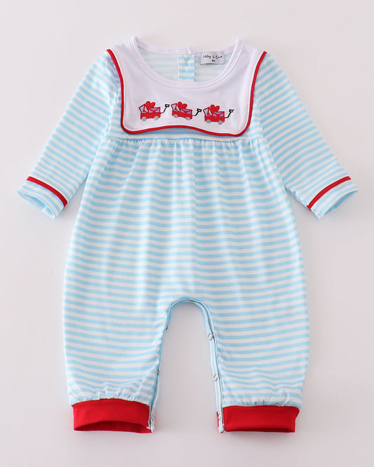 Cupid’s Cargo Embroidered Blue Stripe Boy Romper