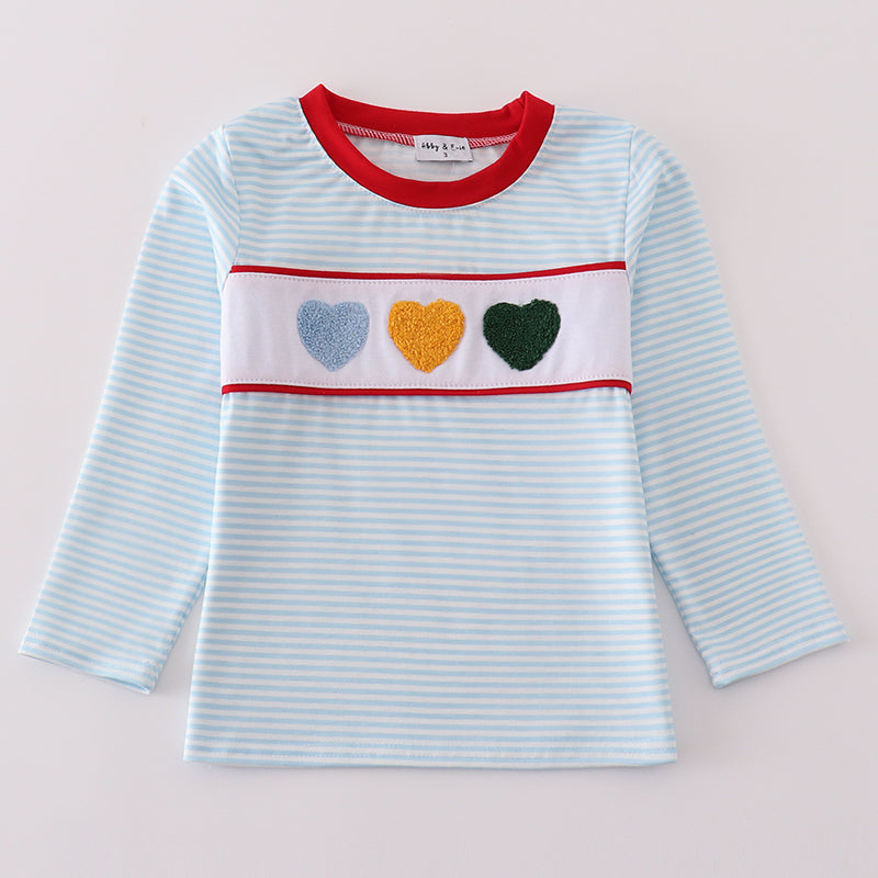 French Knot Hearts Blue Stripe Boy Top